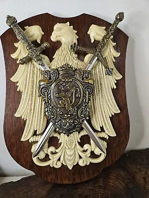 Vintage-Cross Metal Swords With Shield On Wooden Wall Plaque With Eagle + Lion  • $74.99