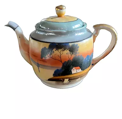 Vintage Made In Japan Lusterware Teapot Hand-Painted Sunset With Swan • $19.95