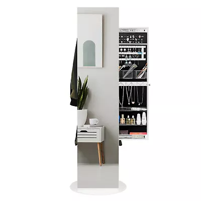 3-in-1 Mirrored Jewelry Armoire Swivel Jewelry Cabinet W/ Coat Rack & Shelves • $188