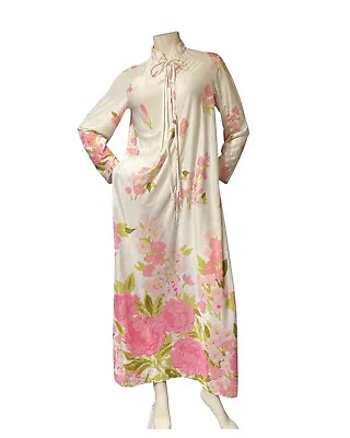 £46.42 • Buy 60s VTG JC Penney ROBE White Nylon Pink Floral Print MAXI Zip Front POCKETS 70s
