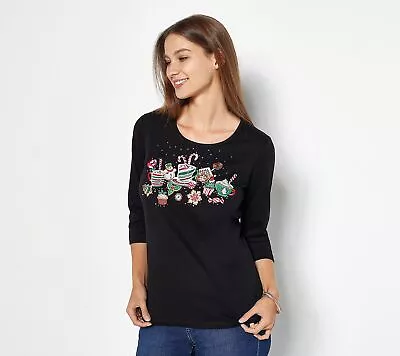 Quacker Factory All Is Bright Holiday Bling 3/4 Shirt Black/Holiday M New • $26