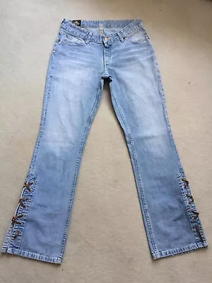 Vintage 90s Lee String Leg Flares Leather Lace Up Boot Leg Jeans 12 31l Western • £55