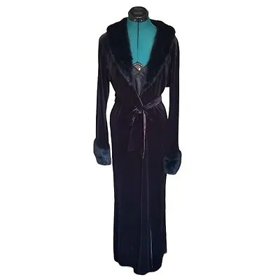 JACALYN BENNETT Black Velvet Robe Duster Faux Fur Trim Belt Small Vtg 90s Goth • $59.99