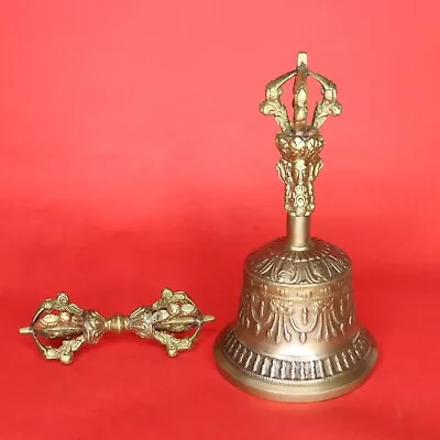 Handmade Brass Tibetan Buddhist Meditation Prayer Hand Bell With Dorje Vajra Set • $41.56