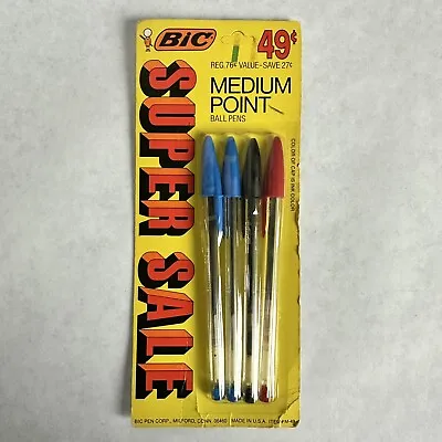 Vtg 70S 80S BIC BALL POINT PEN Pack Of 4 MEDIUM POINT M-49 Blue Black Red NOS • $22.50