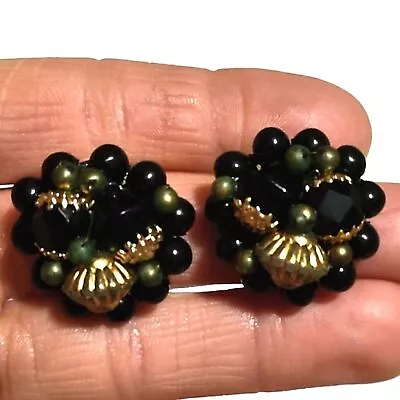 Vintage Green Black Gold-Tone Clustered Beaded Clip-on 1  Earrings Marked Japan • $22