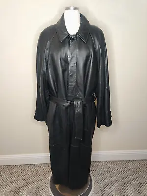 Vintage Leather Limited Womens Black Leather Full Length Trench Coat Large Heavy • $127.50