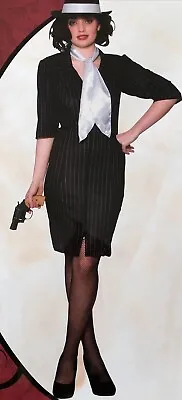 Womens Gangster Gal Girl Moll Costume Pinstripe Mafia Fancy Dress Outfit Size 12 • £14.95