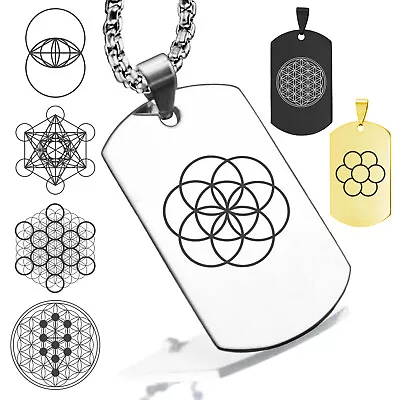 Stainless Steel Sacred Geometry Flower Tree Of Life Dog Tag Pendant Necklace • $14.99