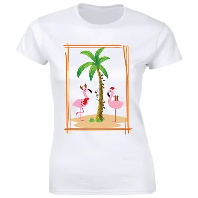 $9.88 • Buy Christmas Tropical Vacation With Flamingos Palm Trees Lights T-Shirt For Women