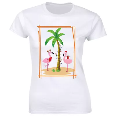 $9.88 • Buy Christmas Tropical Vacation With Flamingos Palm Trees Lights T-Shirt For Women