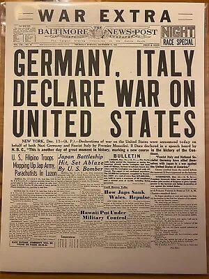Vintage Newspaper Headline Adolph Hitler Germany Declares War On Usa Wwii 1941 • $14.49