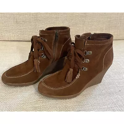 Mia Wedge  3in Heel Mocassin Ankle Booties Lace Up Leather Suede Size 8M  • $26