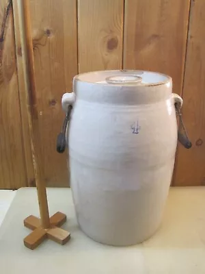 Antique 4 Gallon Stoneware Crock Butter Churn With Lid & Dasher B7281 • $100