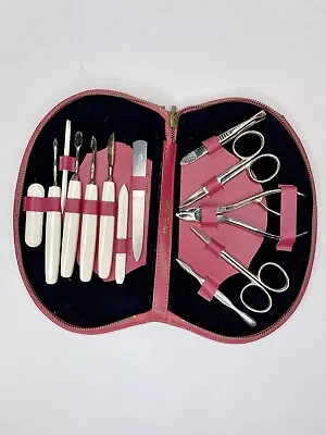 VINTAGE! 13 Piece Travel Manicure Kit Pink Ground Leather Case Made In Austria • $10