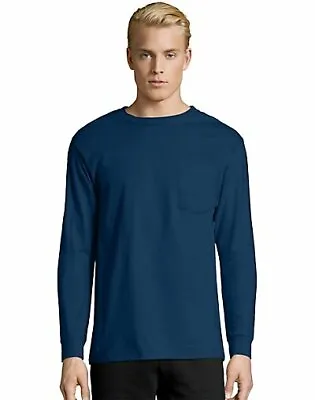 Hanes Long-Sleeve T-Shirt With A Pocket Mens TAGLESS Cotton S-3XL 11 Colors 5596 • $16.35