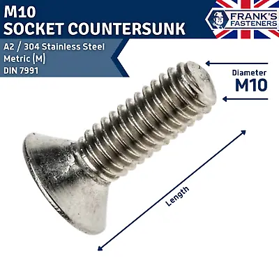 £3.40 • Buy 🇬🇧 M10 COUNTERSUNK FLAT SOCKET HEAD SCREW BOLT A2 304 Stainless Steel DIN 7991