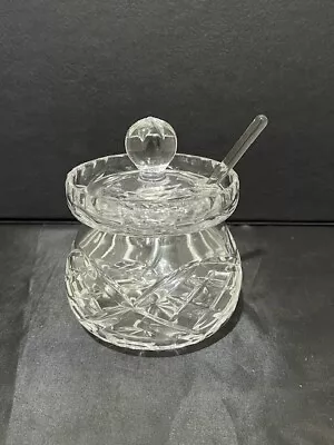 Vintage Cut Crystal Glass Condiment-sugar-jelly-honey Bowl Jar W/ Lid & Spoon • $19.95