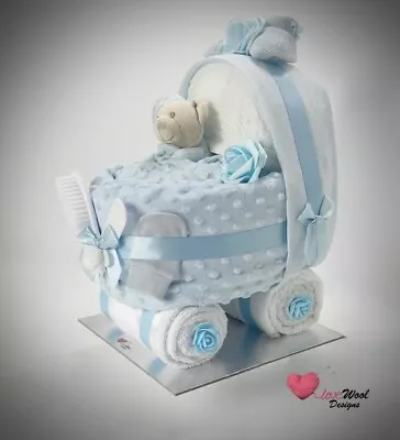 NAPPY CAKE PRAM Luxury Blue Night Teddy Comforter Baby Shower/maternity Gift. • £54.50