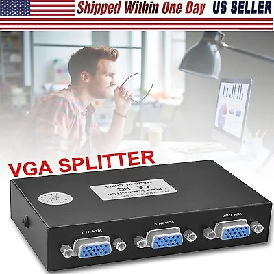 2 Port VGA Splitter 2 Monitor Sharing Switch Box (2 VGA Out/1 VGA In) US • $13.99