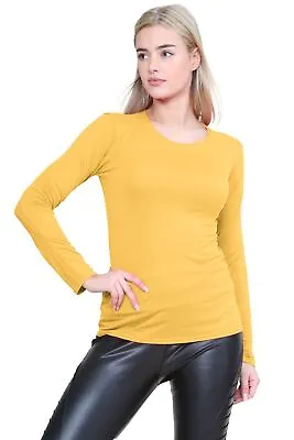 Womens Plain T-Shirt Ladies Round Neck Long Sleeve Stretchy Casual Basic Tee Top • £7.42