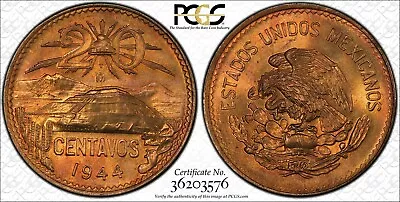 1944 Mo Mexico 20 Centavos PCGS MS65 RD Smooth Lustrous Gem Red Trueview *1336* • $144.99