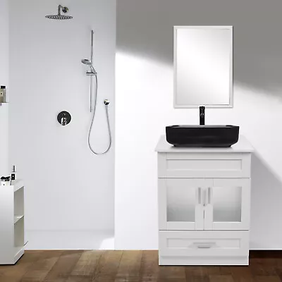 24  Bathroom Vanity White Cabinet Mirror Set W/ Ceramic Vessel Sink Bowl Faucet • $279.98