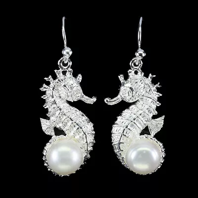 Round White Pearl 8mm Gemstone 925 Sterling Silver Sea ??Horse Jewelry Earrings • $20.50