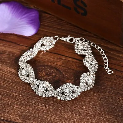 925 Silver Plated Crystal Bangle Bracelet Wedding Bridal Jewelry Shinny  • £3.49