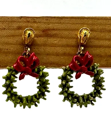 Vintage ART Christmas Tree Wreath Bow Clip On Earrings Enamel Arthur Pepper • $19.99