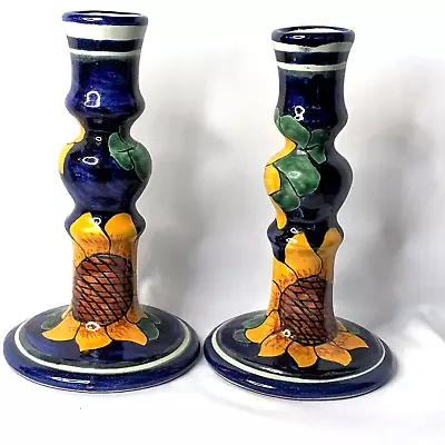 Vtg Mexican Talavera Hand-Painted 7.5  Candlestick Holders Sunflowers On Cobalt • $46