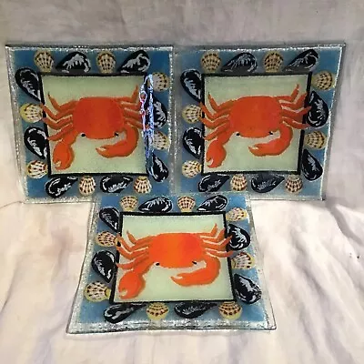 Set Of 3 Peggy Karr Fused Glass 7 3/4  Square Plates With Crab And Shell Fish • $64.99