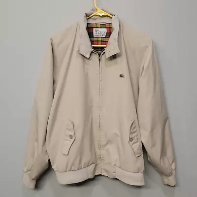 Vintage 80s Lacoste Izod Jacket Windbreaker Men Size L Tan Plaid Lined Vented • $28