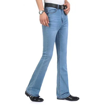 Men Denim Flare Bootcut Pants 70s Western Cowboy Bell Bottom Jeans Trousers Blue • $48.44