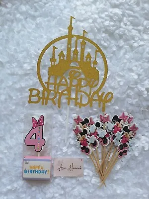 Number 4 Happy Birthday Bow Candle & Disney Minnie Mouse Cake Toppers. Party. • $7.46