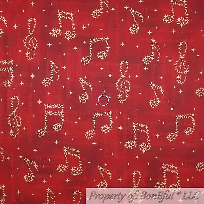 BonEful Fabric FQ Cotton Quilt Red Gold Metallic Music Note School Star American • $4.72