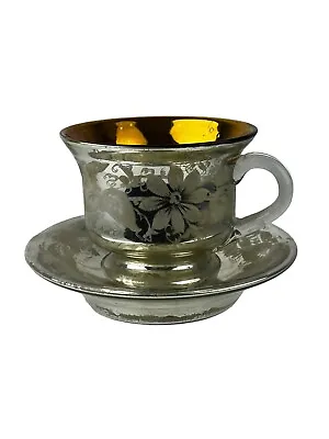 Mercury Glass Cup & Saucer Hand Blown Antique Victorian Silver Floral Set • $106.25