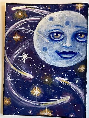ACEO Outer Space Moon Face Planet Stars  Original Motyl Painting • $11