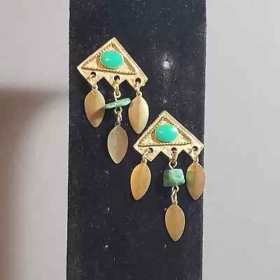 Dangle Stone Earrings Gold Tone Steampunk Retro Modernist Boho Pierced 1.75  • $9.99