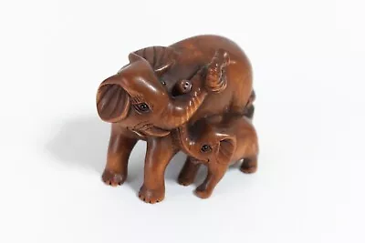 Netsuke Japanese Antique Wood Carved Figure Elephant Parent And Child (A57) • £57.91