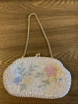 Purse 60s Evening Bag Iridescent White Sequins Beads Floral Flowers Hong Kong • $21.50