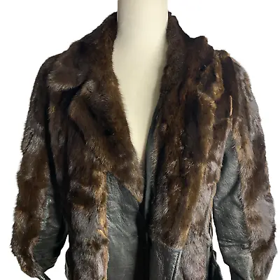 Vintage 50s Fur Leather Panel Coat Womens Size M Black Brown For Repair • $48.72