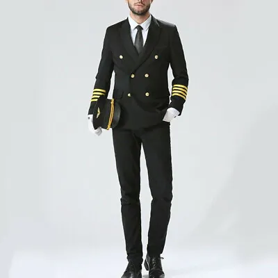 Men Airline Captain Suit Jacket Pants Pilot Blazer Aviator Costume Uniform Cool • $66.03