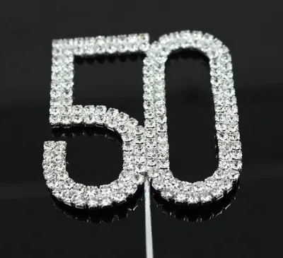 50th Birthday Silver Diamante Cake Topper Decoration Fifty 50 Th Anniversary Uk • £5.89