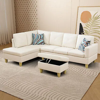 L Shaped White PU Leather 3PC Sofa Set Couch Living Room Furniture Left Chaise • $655.49