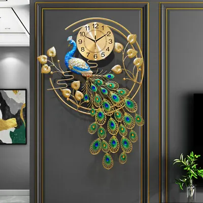 36.6  Luxury Peacock Large Wall Clock 3D Metal Living Room Wall Watch Decor USA • $76.14