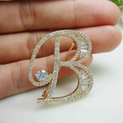 925 Silver Baguette Moissanite  INITIAL B  Brooch Pin In 14k Yellow Gold Plated • $147.99