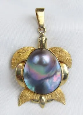 14K Brushed Textured Gold Peacock Blister Mabe Pearl Sea Turtle Pendant • $495