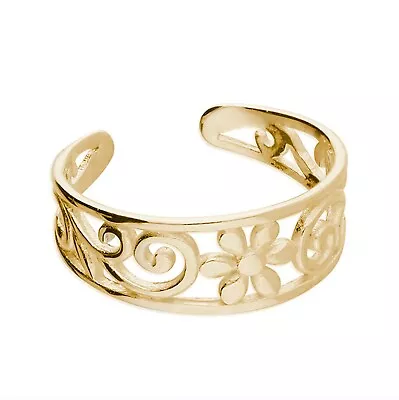 9ct Yellow Gold On Silver Patterned Flower Adjustable Toe Ring • £8.95