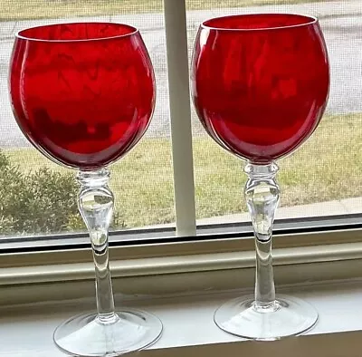 (2) Large Ruby Red Glass Wine Balloon Goblets Clear Stem 11 Oz. 8.5” EXCL • $8.95